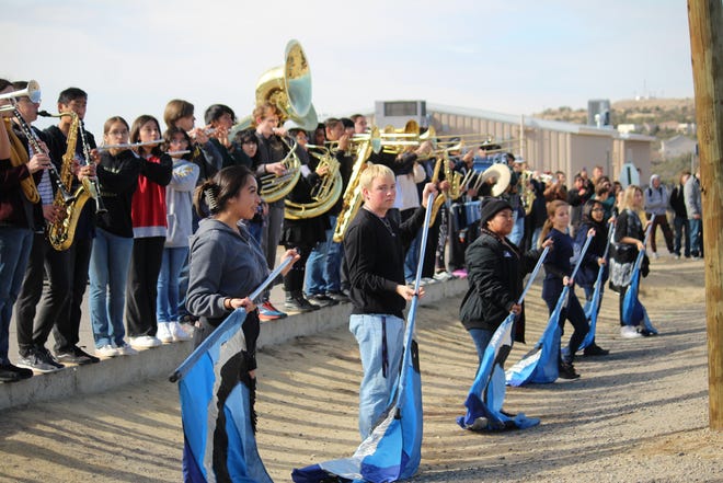 Members of the Piedra Vista High School band and cheer team help send off the football team Friday, Nov. 18, 2022 as they travel to Roswell for a Class 5A semifinal game Saturday at the Wool Bowl against the Coyotes.